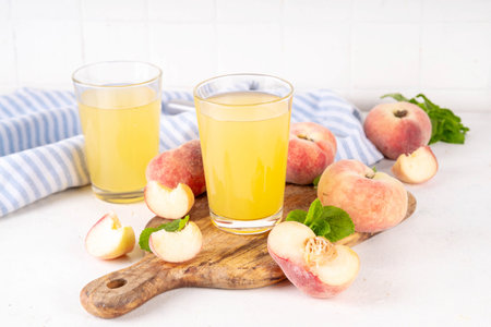 Flat peaches fig peach juice with fresh fig peaches and mint in white background copy spaceの写真素材