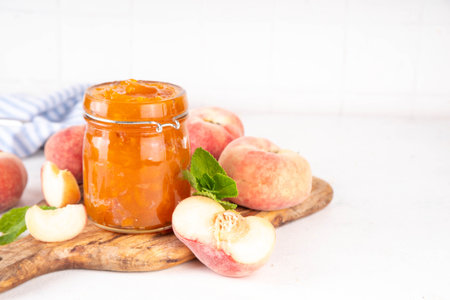 Flat chinese donuts fig peach jam, homemade confiture preserves with fresh fresh fig peaches and mint in white background copy spaceの写真素材