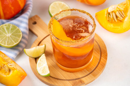 Thanksgiving Margarita, Sweet Pumpkin Shrubs cocktail, alcohol tasty autumn drink on white background with slices pumpkins, copy spaceの写真素材