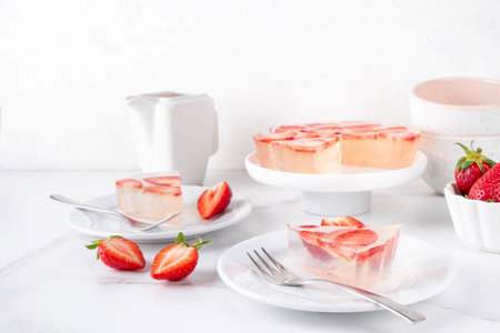 Japanese Raindrop Cake, or Mizu Shingen Mochi, clear jelly dessert, crystal-clear water-like delicacy agar pudding tart with strawberry slices, portioned on plates, white marble background copy spaceの写真素材