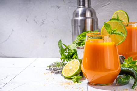 Carrot Ginger Margarita cocktail with lime, mint and hot chili pepper, original vegetable spicy drink on white tiled background copy spaceの写真素材