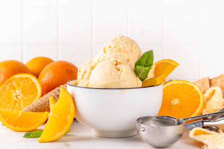Homemade orange creamsicle ice cream, big bowl with creamsicle gelato, with orange slices and mint, sweet creamy summer dessert, on white kitchen table copy spaceの写真素材