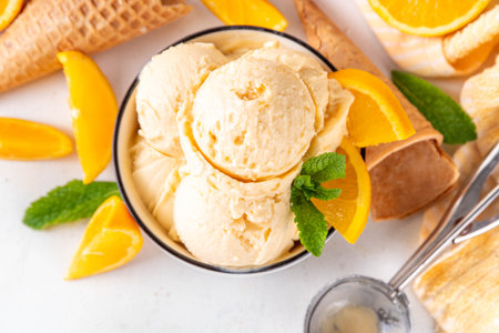 Homemade orange creamsicle ice cream, big bowl with creamsicle gelato, with orange slices and mint, sweet creamy summer dessert, on white kitchen table copy spaceの写真素材