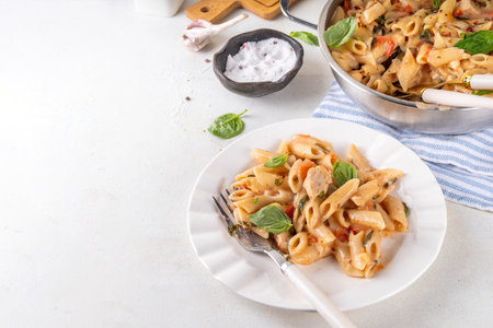 Trendy viral marry me chicken pasta. One pot balanced tender cooked pasta and juicy chicken pieces smothered in creamy and cheesy, garlic sun-dried tomato sauce, wit basil leaves, in plate and potの写真素材