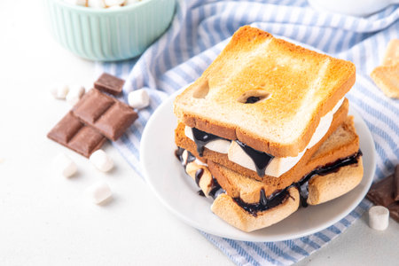 S`mores toasted bread sandwiches with a lot of toasted roasted marshmallow, melted chocolate, Christmas winter tasty breakfast or snack idea, copy spaceの写真素材