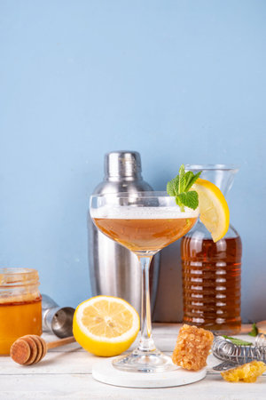Lemon honey french martini drink, alcohol mead liqueur cocktail beverage with lemon juice and mint decor, on white table with honeycomb, honey jar and dipper, copy spaceの写真素材