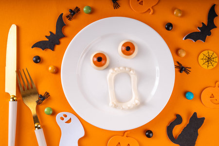Halloween kids party table setting with plate, cutlery and holiday symbols and decorations on colorful background top view copy space. Halloween menu, invitation backgroundの写真素材