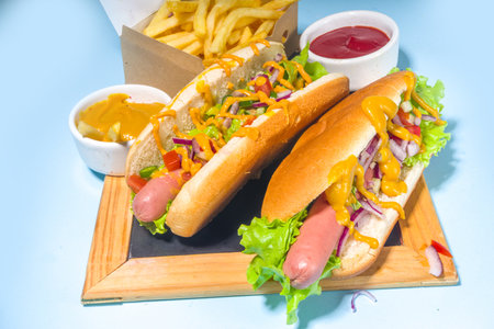 Barbecue grilled fastfood, Various traditional american hot dogs set with sausage, yellow mustard, ketchup and fresh vegetables salad, top view on bright blue background with french friesの写真素材