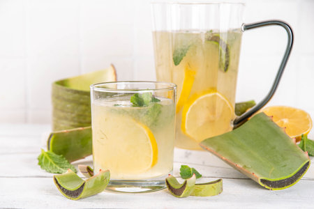 Aloe lemonade, homemade detox drink with lemon, aloe vera on white wooden background copy spaceの写真素材