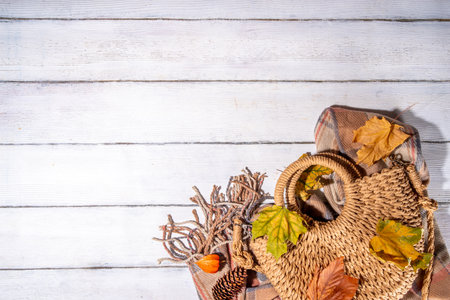 Preparation for fall and winter season, autumn cozy clothes and decor background, wooden table top view copy spaceの写真素材