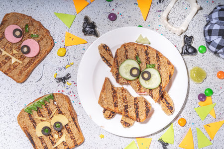 Funny halloween monster sandwiches. Set of various decorated monster sandwich and toasts, with cucumber, cheese and meat sausages, white table background with Halloween decorationsの写真素材