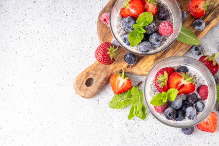 Chia seeds pudding with fresh berries. Healthy summer breakfast dessert with creamy milk or yogurt, chia, strawberry and blueberry, white table background copy spaceの写真素材