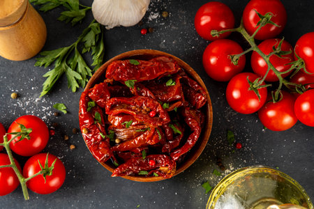 Homemade sun-dried tomatoes in olive oil, gourmet italian food ingredient, with fresh tomatoes, oil bottle and spices on kitchen tableの写真素材