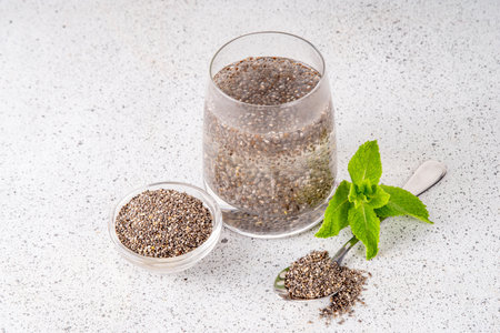 Chia seeds water, infused drink contains water, soaked chia seed, help for hydration, healthy digestion, and lower hunger,  omega-3 fatty acids, fiber sourceの写真素材