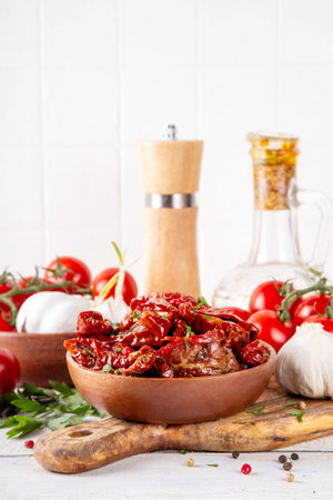 Homemade sun-dried tomatoes in olive oil, gourmet italian food ingredient, with fresh tomatoes, oil bottle and spices on kitchen tableの写真素材