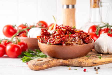 Homemade sun-dried tomatoes in olive oil, gourmet italian food ingredient, with fresh tomatoes, oil bottle and spices on kitchen tableの写真素材