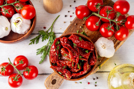 Homemade sun-dried tomatoes in olive oil, gourmet italian food ingredient, with fresh tomatoes, oil bottle and spices on kitchen tableの写真素材