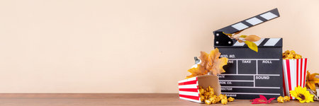 Autumn seasonal movie marathon. Cozy fall season cinema and TV-show Movie Night party. Cinema clapper-board, sweet pumpkin syrup caramel popcorn in paper cups, autumn leaves, pumpkins and decorationsの写真素材