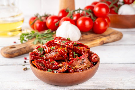 Homemade sun-dried tomatoes in olive oil, gourmet italian food ingredient, with fresh tomatoes, oil bottle and spices on kitchen tableの写真素材