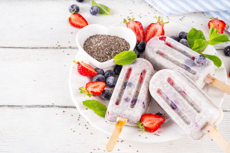 Chia seeds ice cream lolly popsicles, homemade healthy detox gelato with creamy yogurt, chia seeds and fresh summer fruit and berries, on white table copy spaceの写真素材