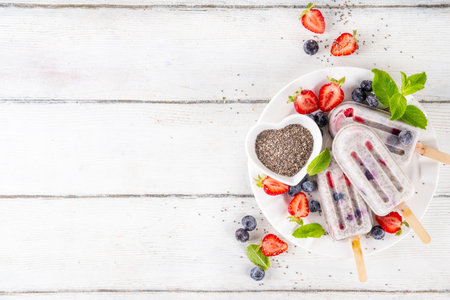 Chia seeds ice cream lolly popsicles, homemade healthy detox gelato with creamy yogurt, chia seeds and fresh summer fruit and berries, on white table copy spaceの写真素材