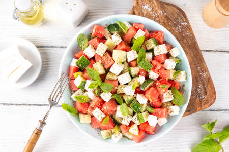Viral summer Watermelon Salad with slices red watermelon, cucumber, white feta or tofu cheese, herbs, with olive oil and spices, copy spaceの写真素材