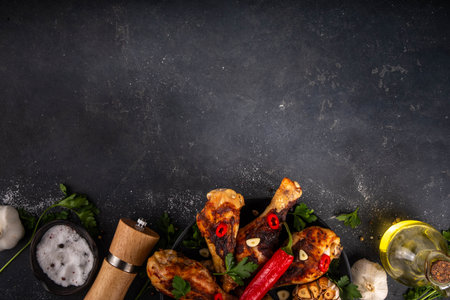 Grill and barbeque season recipes. Grilled chicken legs with garlic, spices, parsley, bbq sauce and olive oil. Tasty broiler drumstick ready for dinner on lunch. Chicken meat, barbecue menu backgroundの写真素材
