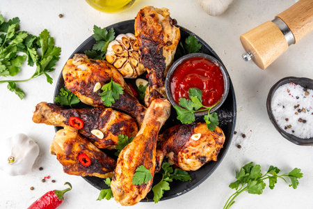 Grill and barbeque season recipes. Grilled chicken legs with garlic, spices, parsley, bbq sauce and olive oil. Tasty broiler drumstick ready for dinner on lunch. Chicken meat, barbecue menu backgroundの写真素材