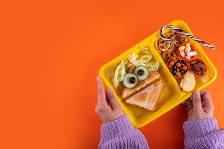 Halloween funny kids food, school lunch box with crackers, monster healthy cheesy sandwich, cookies and treats, on bright colorful background copy space top viewの写真素材
