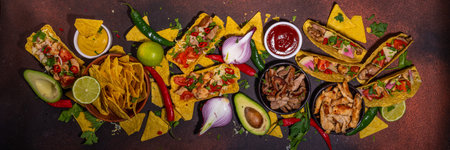 Traditional Mexican street food, fast food background, corn Taco, nachos with meat, vegetables,...