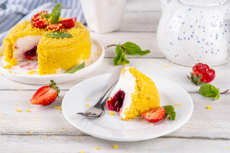 No-bake Upside Down Cheesecake, viral trendy version of classic Cheesecake New York with golden cookie crumbles, white cream cheese and berry jam layers, with fresh strawberry and mint on wooden tableの写真素材