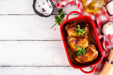 Homemade golden baked chicken thighs, legs with various spices, herbs, garlic and olive oil, on white wooden table background with cooking ingredients, copy spaceの写真素材