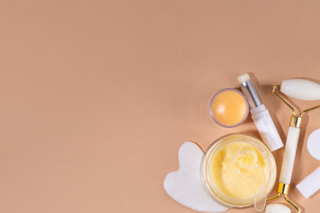 Tallow cream, serum and facial skin care products in sticks. Trendy cream based on animal fat, concept of natural moisturizing, skin restoration, healthy organic fatty acids, vitamins beauty careの写真素材
