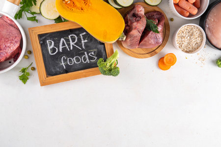 BARF food ingredients, healthy balanced diet for animal background. Biologically Appropriate Raw Food assortment for making barf trendy pet bowlの写真素材