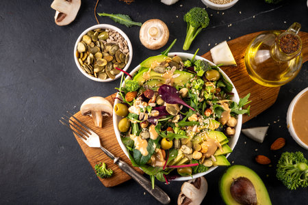 Plant based keto food, low carb vegan salad various green vegetables, avocado, arugula, spinach, lettuce, with feta cheese, nuts, seeds, peanut butter, avocado and olivesの写真素材