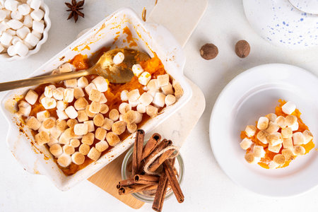 Delicious autumn sweet potato or pumpkin casserole with toasted marshmallow topping. Thanksgiving, fall season comfort foodの写真素材