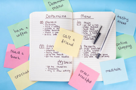 Dopamine Menu to Stimulate Your ADHD Brain, daily dose of happiness and Serotonin, list of pleasurable, healthy habits and activities ideas that naturally elevate dopamine levelsの写真素材