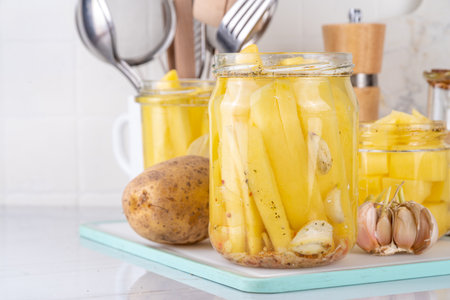Mexican pickled potatoes, Fermented potato, salted conserved preserved vegetables canned in glass jars on kitchen tableの写真素材