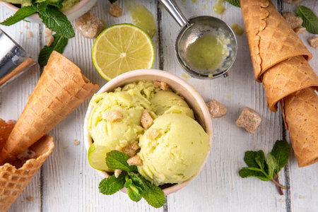 Summer refreshing cold dessert, tasty aromatic mojito or key lime pie ice cream, homemade sorbet with mojito cocktail flavor in ceramic bowl, with fresh lime, mint, waffle cones on wooden backgroundの写真素材