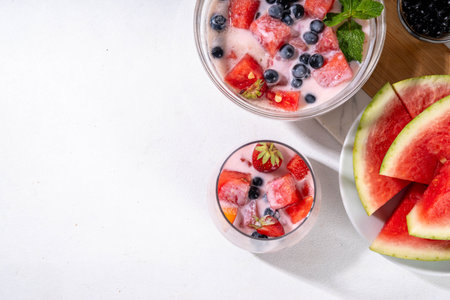 Subak Hwachae cocktail, Korean traditional watermelon punch salad drink, with a lot of fruit slices, with tapioca boba pearls, in glass and bowl for party, copy spaceの写真素材