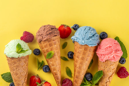 Colorful bright ice cream in waffle cones on bright background.  Variety of ice cream cones with different flavor with fresh berries top view copy space layout backgroundの写真素材