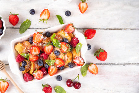 Summer fruit and berry french Toast baked Casserole. Homemade hot tasty delicious french Toast baking, breakfast cake with cream, toast bread and fresh strawberry, blueberry, raspberry and cherryの写真素材