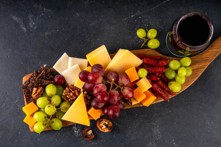 Tasty delicious cheese and dried sausage appetizers board, with wine, nuts, grapes fruits, antipasto brunch snack, copy spaceの写真素材