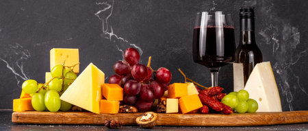 Tasty delicious cheese and dried sausage appetizers board, with wine, nuts, grapes fruits, antipasto brunch snack, copy spaceの写真素材