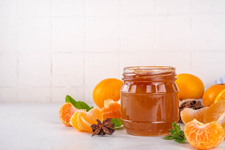 Golden sweet homemade tangerine jam, with spices and mint.  Sweet orange mandarin klementin jam or marmalade canning preserves in a jar, with whole and sliced tangerine on backgroundの写真素材