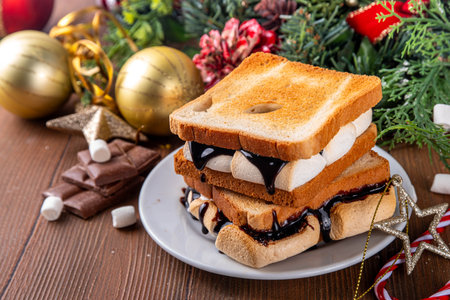 S`mores toasted bread sandwiches with a lot of toasted roasted marshmallow, melted chocolate, Christmas winter tasty breakfast or snack idea, copy spaceの写真素材
