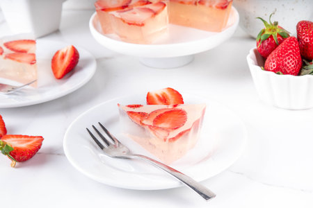 Japanese Raindrop Cake, or Mizu Shingen Mochi, clear jelly dessert, crystal-clear water-like delicacy agar pudding tart with strawberry slices, portioned on plates, white marble background copy spaceの写真素材