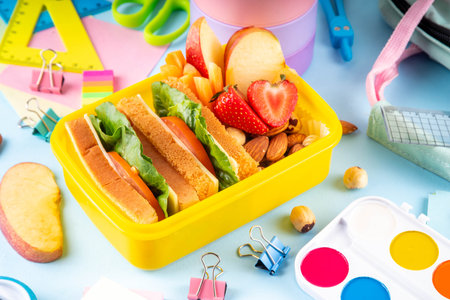 Back to school. Healthy school meal, children packed lunch box with fruit, berry, nuts, sandwich with vegetables. Kids diet snack food with education school supplies, bright blue background top viewの写真素材