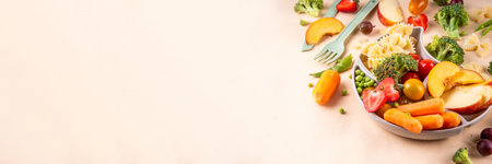 Baby finger food, various baby snacks, pasta, vegetables, fruits chopped for convenient, safe children's lunch, teaching small child to eat healthy foodの写真素材