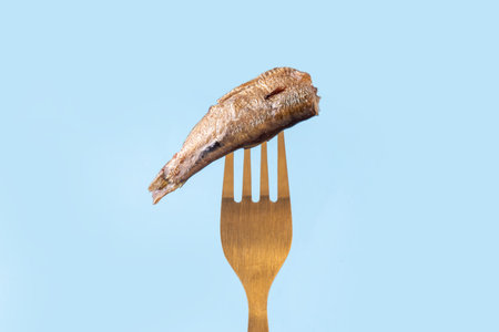 Sardinecore trend concept, canned sardines in metal can on a blue background, on plate with a fork and knifeの写真素材